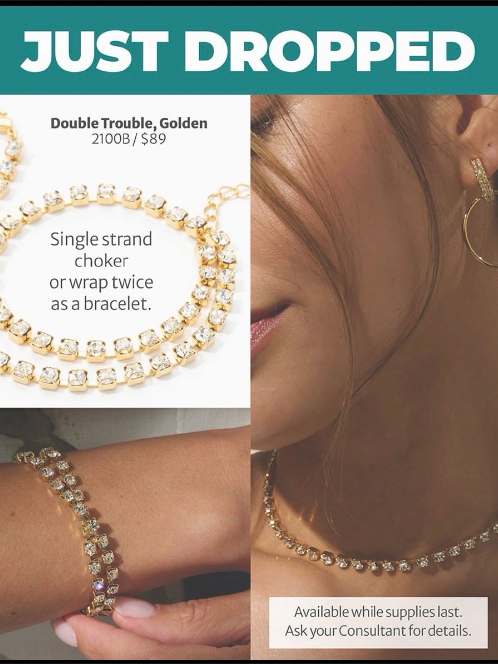 Touchstone Crystal Double Trouble necklace or wrap bracelet BNIB gold plated